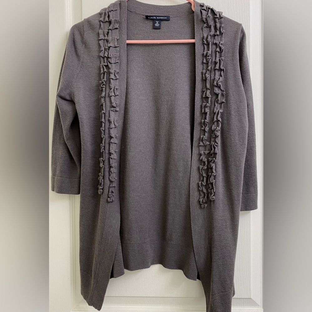 Banana Republic Gray Cardigan Sweater with 3/4 Sleeves and Front Ruffle Frills